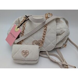 Juicy Couture Backpack Women Small Cream‎ Quilted Velvet Heart Logo Pouch NWT